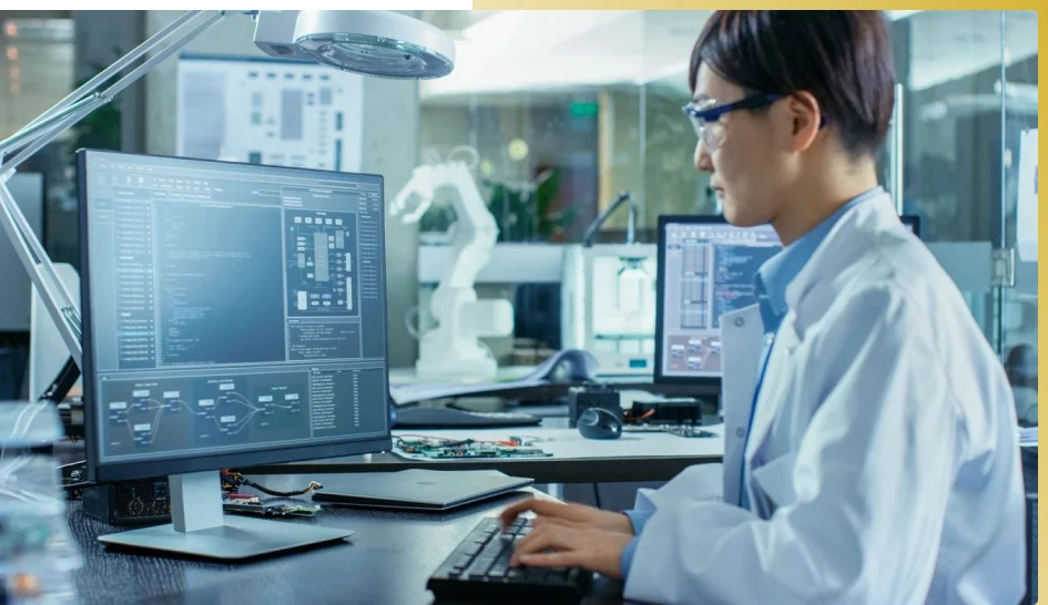 A man in lab coat using a computer.