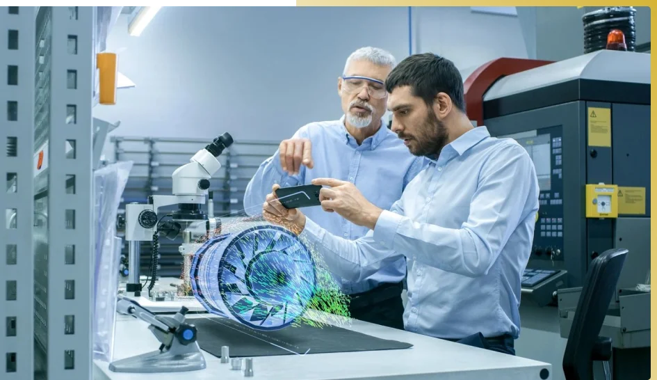 Two men looking at a cell phone in front of a microscope.